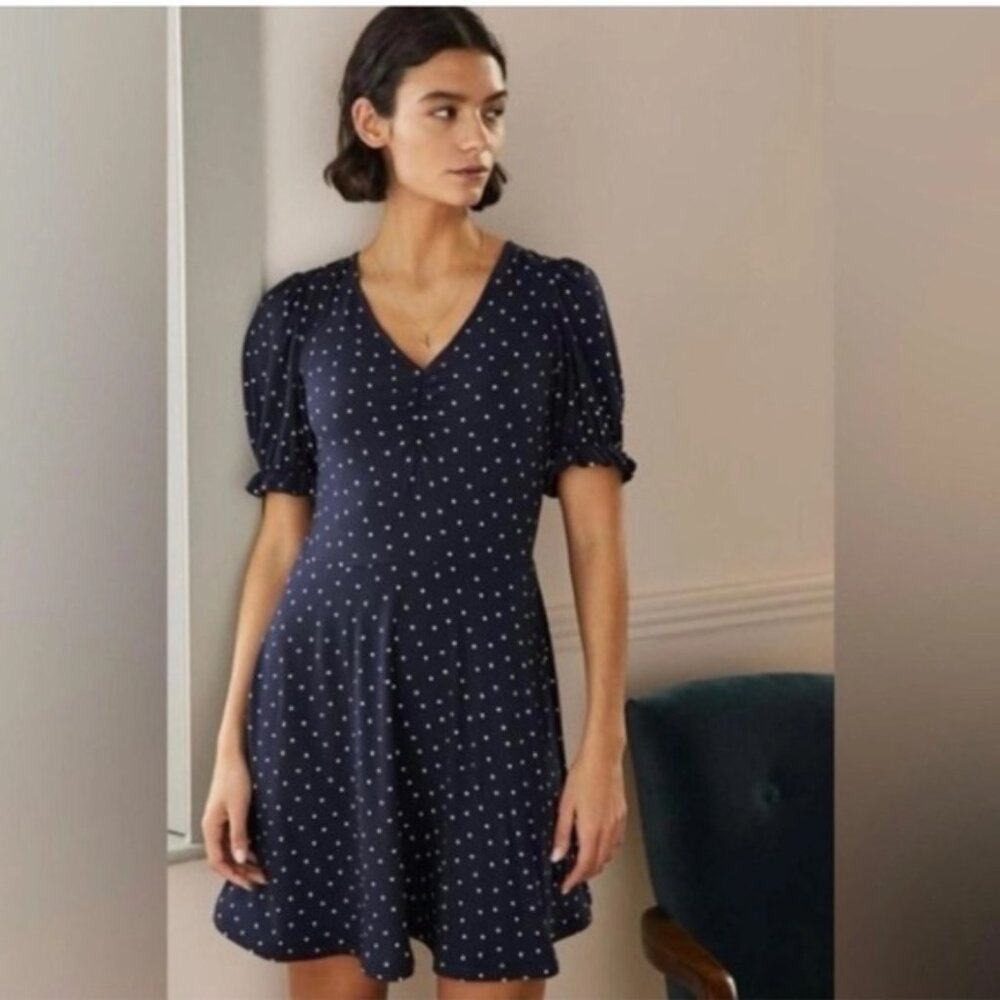 NEW Boden Polka Dot Print Dress 6 V-neck Jersey Ruffle Pockets Short Sleeve Blue